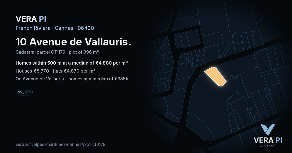 10 Avenue de Vallauris, Cannes at night – the plot lit, the parcels around coloured by the prices near them