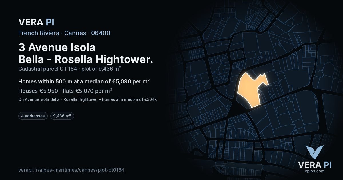 3 Avenue Isola Bella - Rosella Hightower, Cannes at night – the plot lit, the parcels around coloured by the prices near them