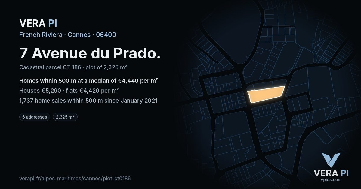 7 Avenue du Prado, Cannes at night – the plot lit, the parcels around coloured by the prices near them