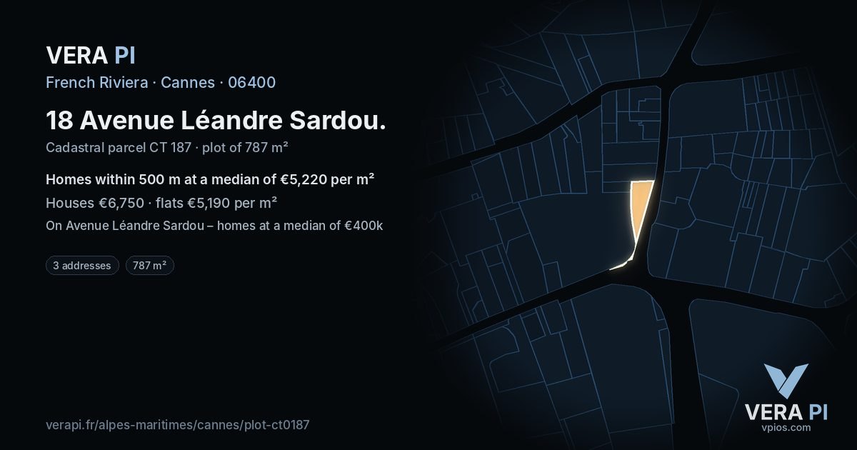 18 Avenue Léandre Sardou, Cannes at night – the plot lit, the parcels around coloured by the prices near them