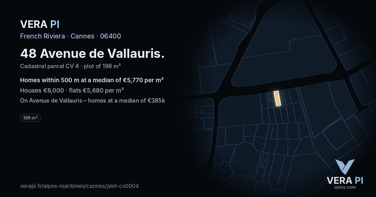 48 Avenue de Vallauris, Cannes at night – the plot lit, the parcels around coloured by the prices near them