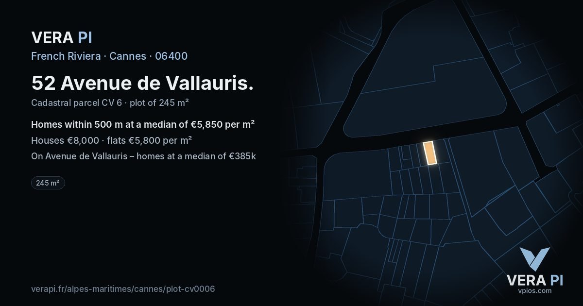 52 Avenue de Vallauris, Cannes at night – the plot lit, the parcels around coloured by the prices near them