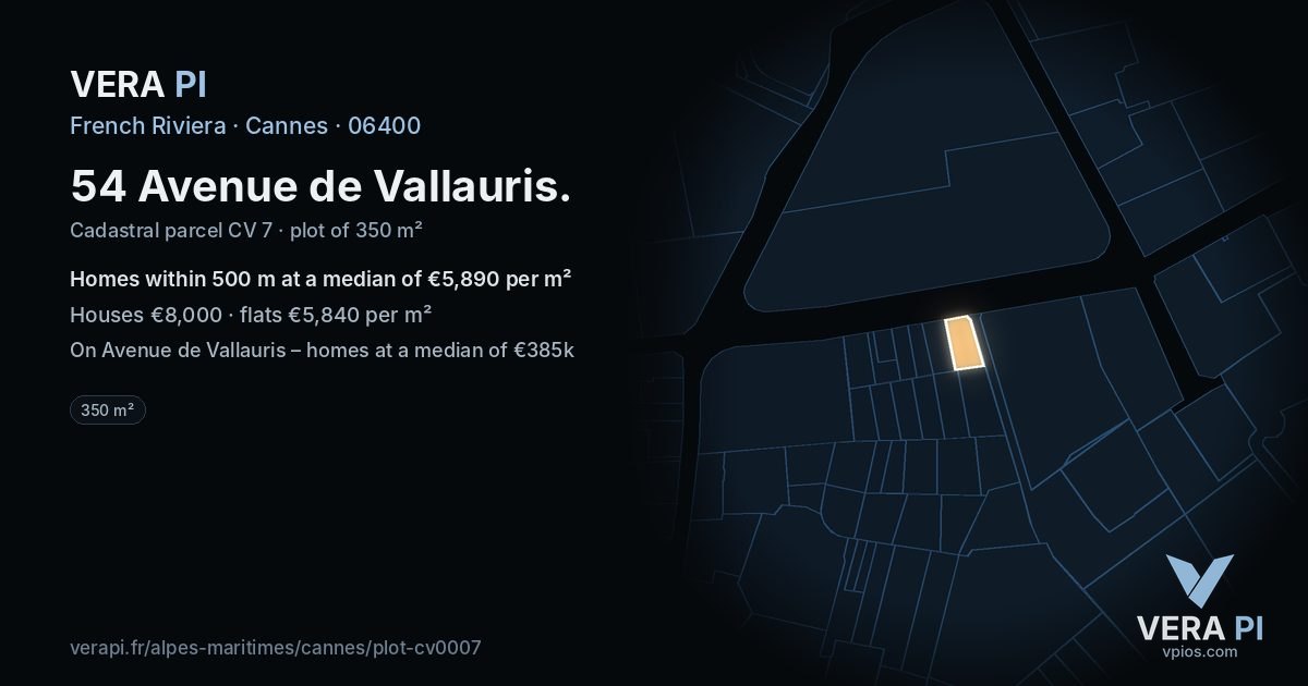 54 Avenue de Vallauris, Cannes at night – the plot lit, the parcels around coloured by the prices near them