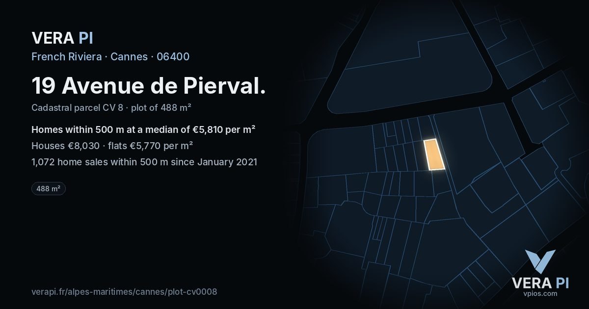 19 Avenue de Pierval, Cannes at night – the plot lit, the parcels around coloured by the prices near them