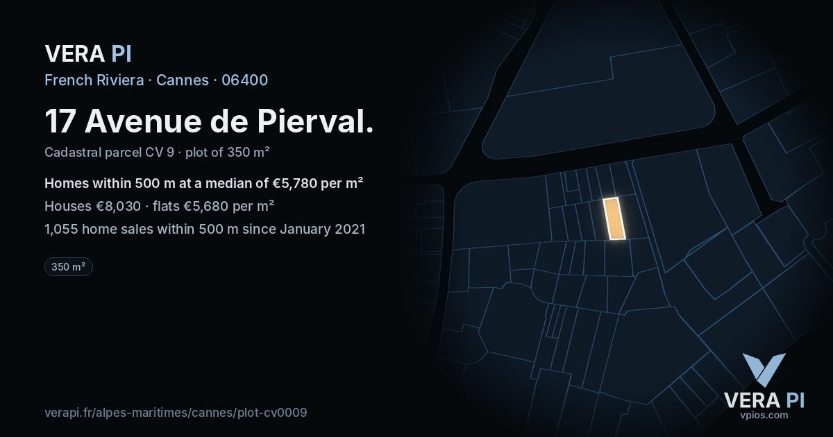 17 Avenue de Pierval, Cannes at night – the plot lit, the parcels around coloured by the prices near them