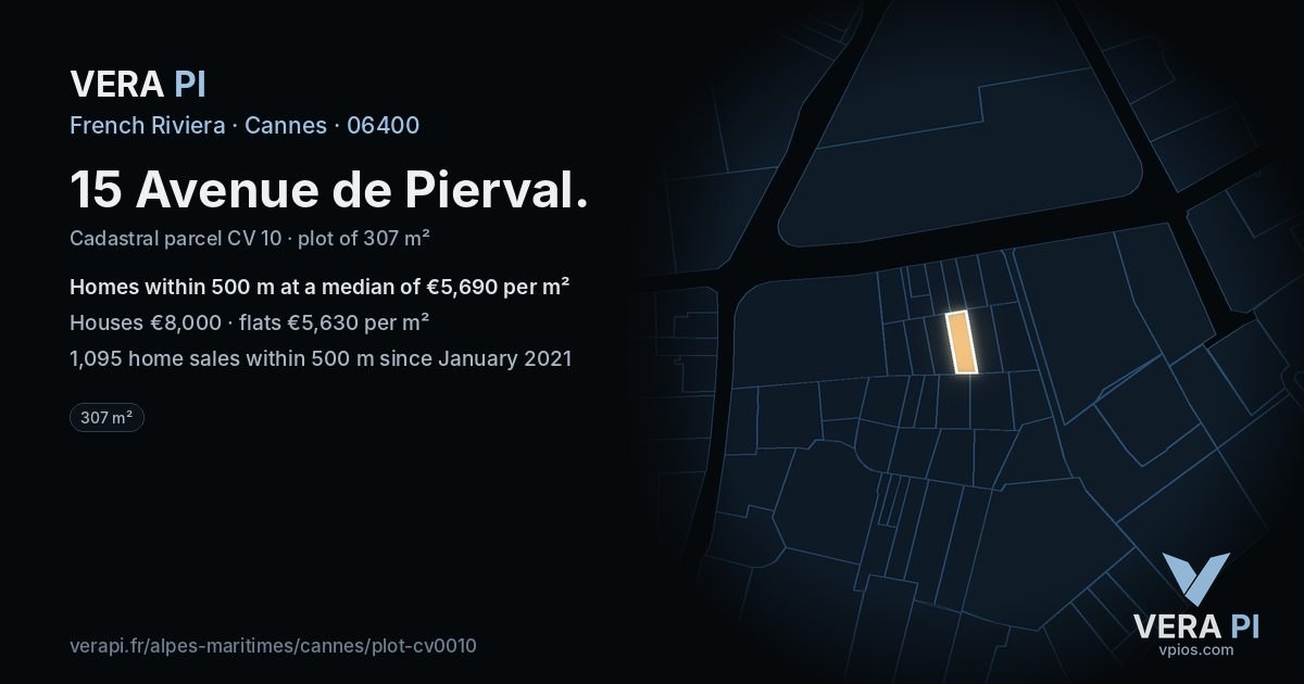 15 Avenue de Pierval, Cannes at night – the plot lit, the parcels around coloured by the prices near them