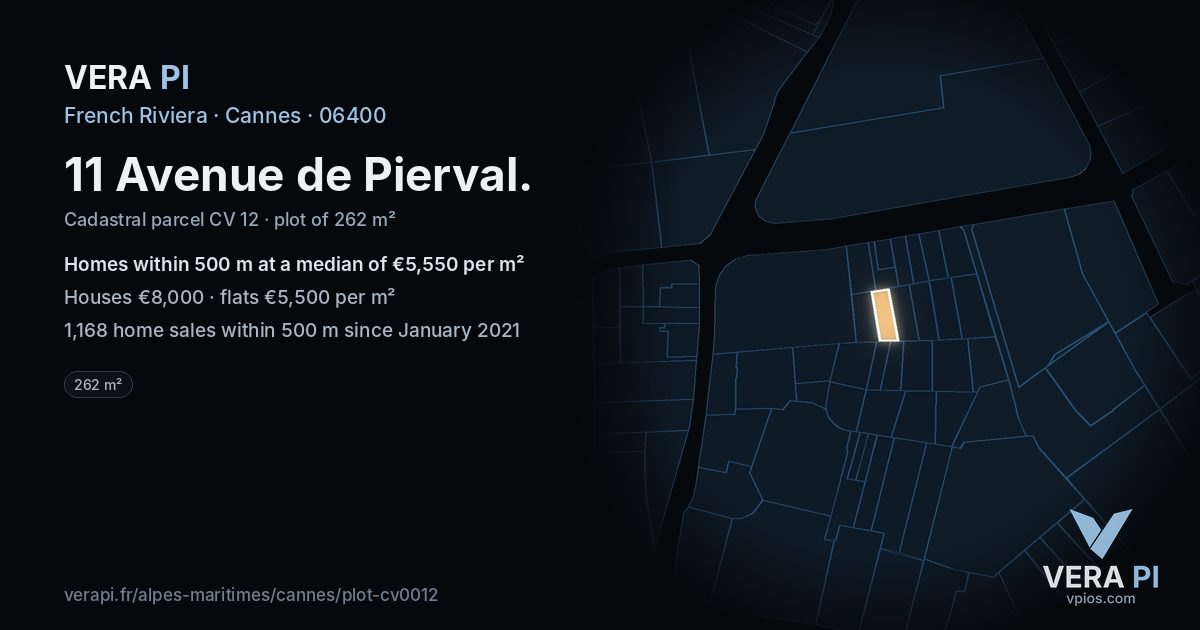 11 Avenue de Pierval, Cannes at night – the plot lit, the parcels around coloured by the prices near them