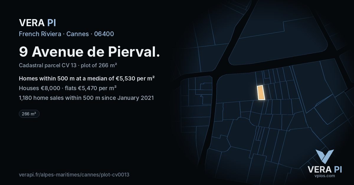 9 Avenue de Pierval, Cannes at night – the plot lit, the parcels around coloured by the prices near them