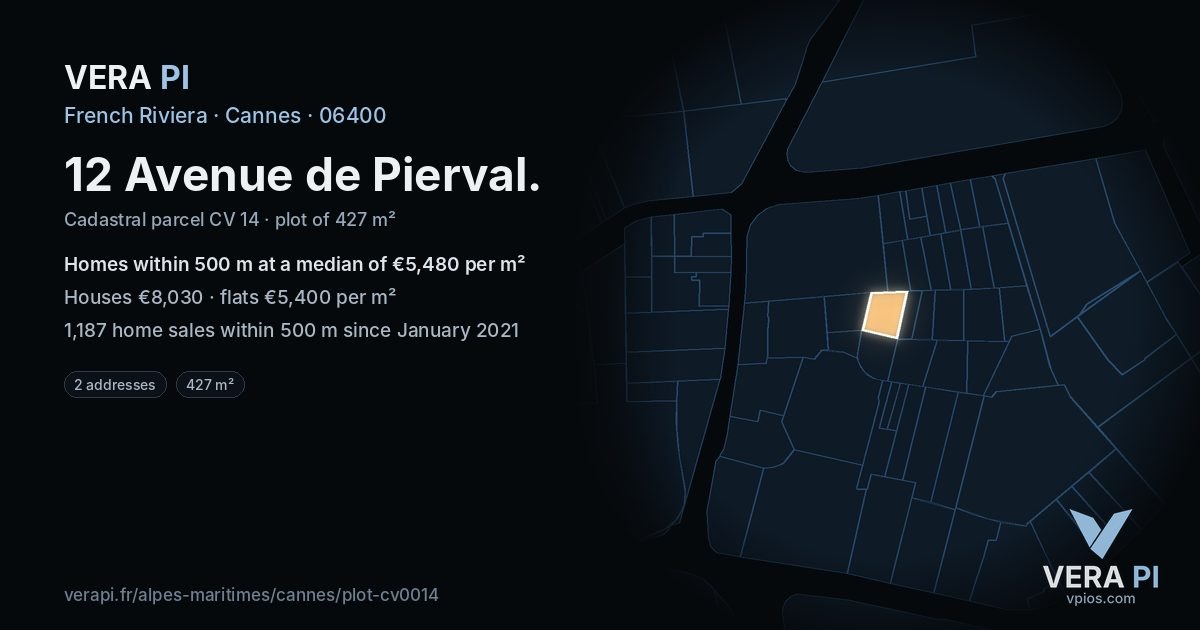 12 Avenue de Pierval, Cannes at night – the plot lit, the parcels around coloured by the prices near them