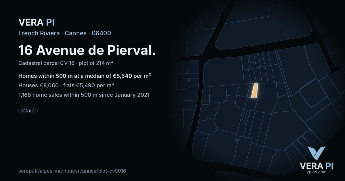 16 Avenue de Pierval, Cannes at night – the plot lit, the parcels around coloured by the prices near them
