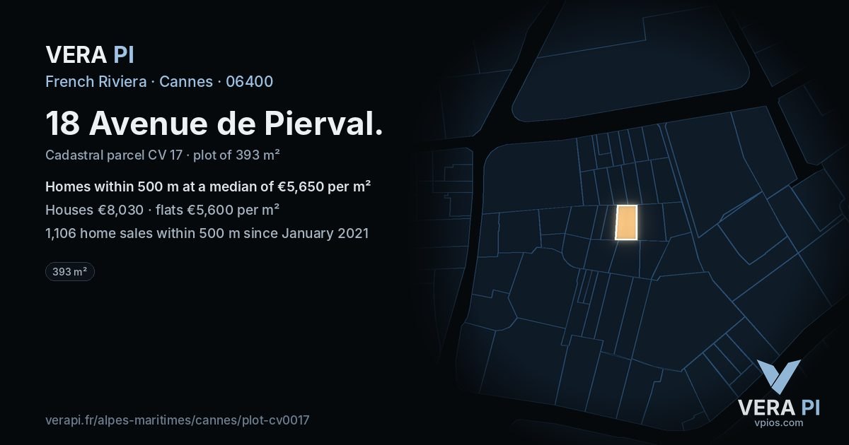 18 Avenue de Pierval, Cannes at night – the plot lit, the parcels around coloured by the prices near them