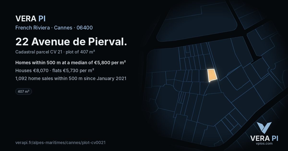 22 Avenue de Pierval, Cannes at night – the plot lit, the parcels around coloured by the prices near them