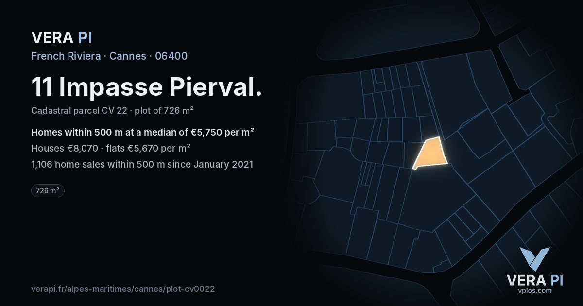 11 Impasse Pierval, Cannes at night – the plot lit, the parcels around coloured by the prices near them