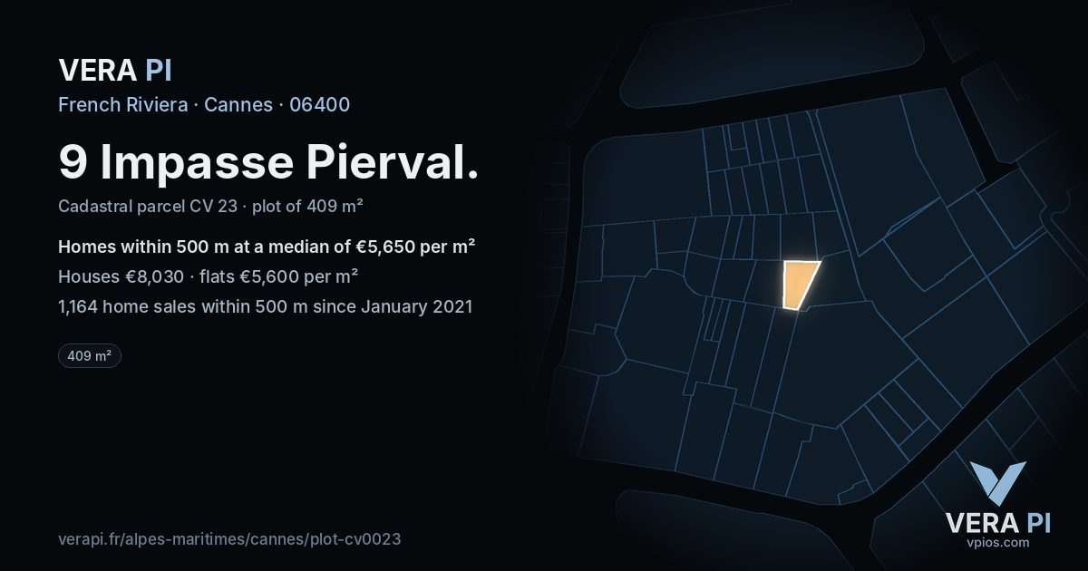 9 Impasse Pierval, Cannes at night – the plot lit, the parcels around coloured by the prices near them
