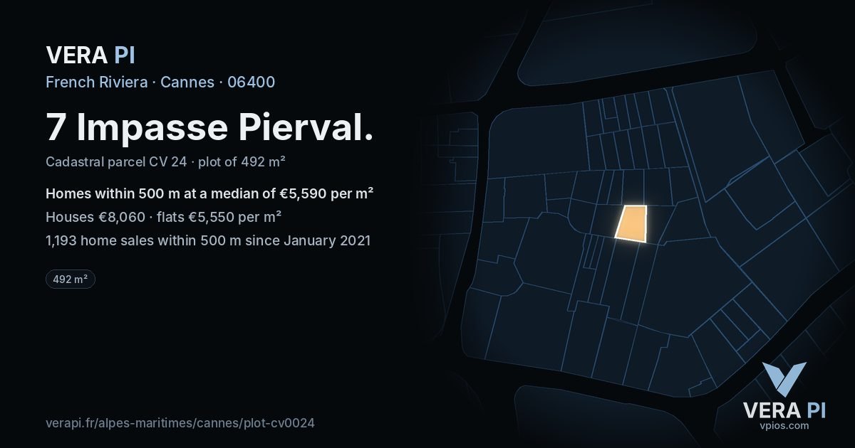 7 Impasse Pierval, Cannes at night – the plot lit, the parcels around coloured by the prices near them