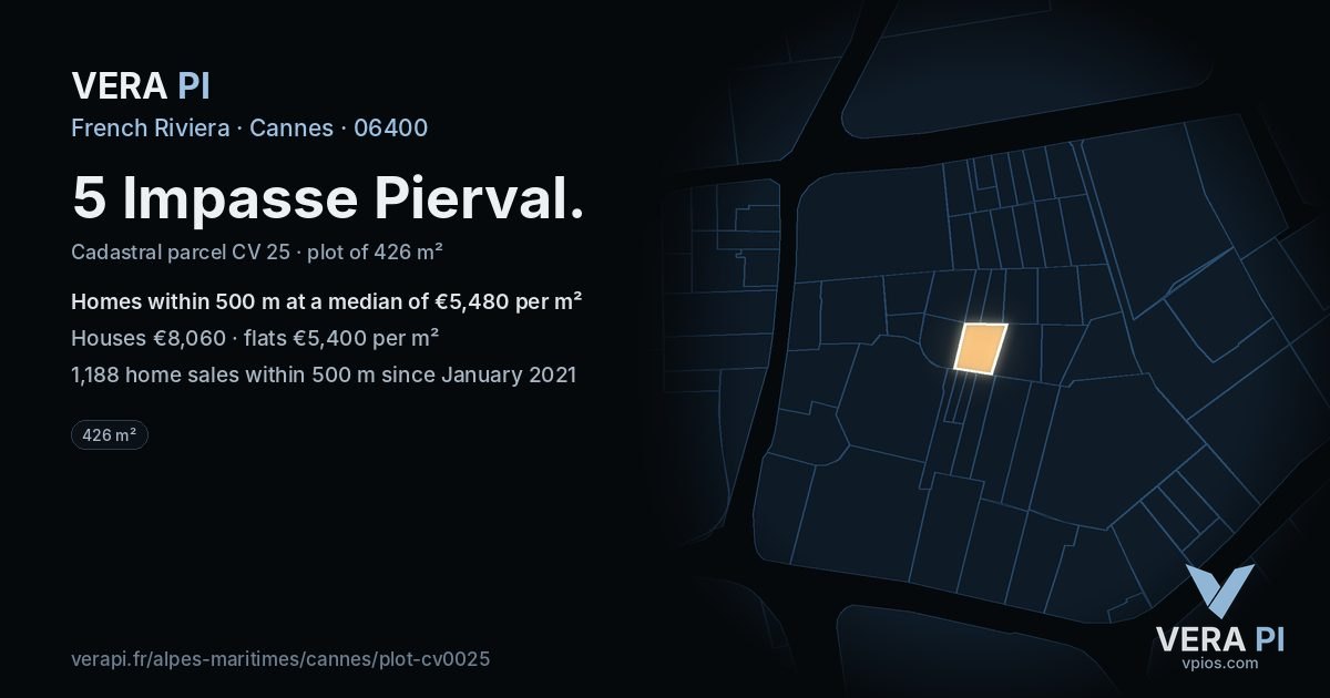 5 Impasse Pierval, Cannes at night – the plot lit, the parcels around coloured by the prices near them