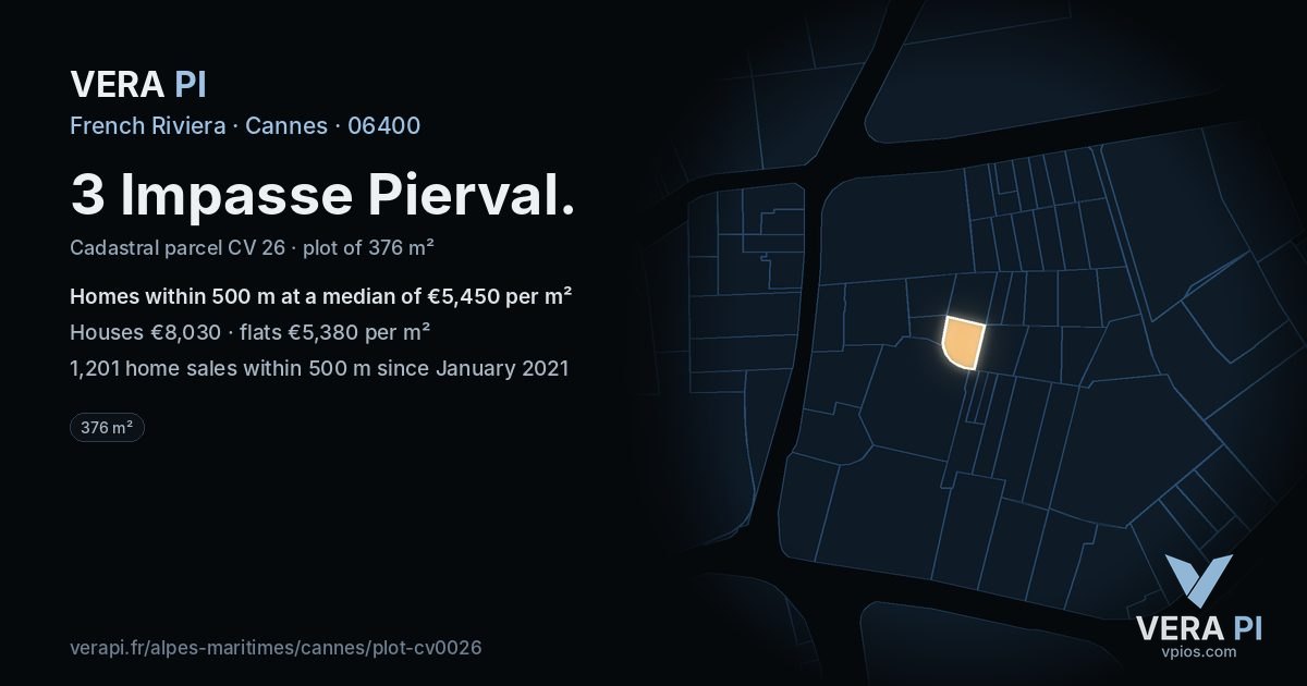 3 Impasse Pierval, Cannes at night – the plot lit, the parcels around coloured by the prices near them