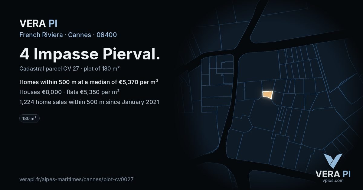 4 Impasse Pierval, Cannes at night – the plot lit, the parcels around coloured by the prices near them