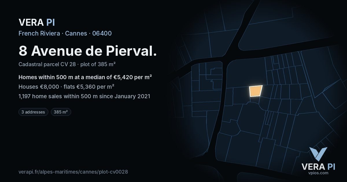 8 Avenue de Pierval, Cannes at night – the plot lit, the parcels around coloured by the prices near them