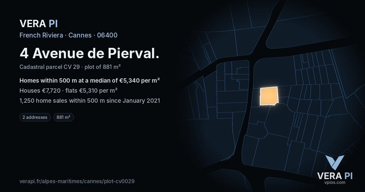 4 Avenue de Pierval, Cannes at night – the plot lit, the parcels around coloured by the prices near them