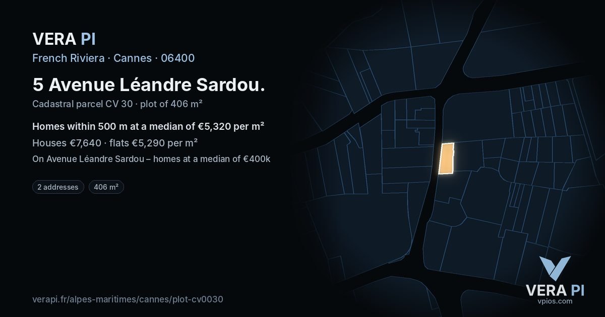 5 Avenue Léandre Sardou, Cannes at night – the plot lit, the parcels around coloured by the prices near them