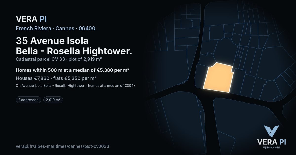 35 Avenue Isola Bella - Rosella Hightower, Cannes at night – the plot lit, the parcels around coloured by the prices near them
