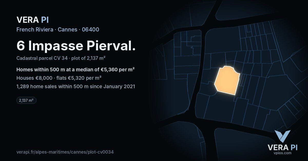 6 Impasse Pierval, Cannes at night – the plot lit, the parcels around coloured by the prices near them