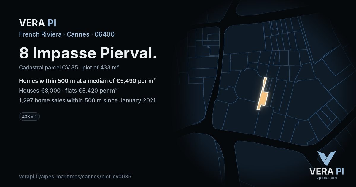 8 Impasse Pierval, Cannes at night – the plot lit, the parcels around coloured by the prices near them