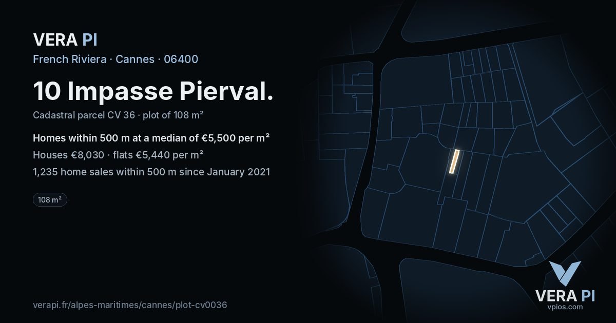 10 Impasse Pierval, Cannes at night – the plot lit, the parcels around coloured by the prices near them