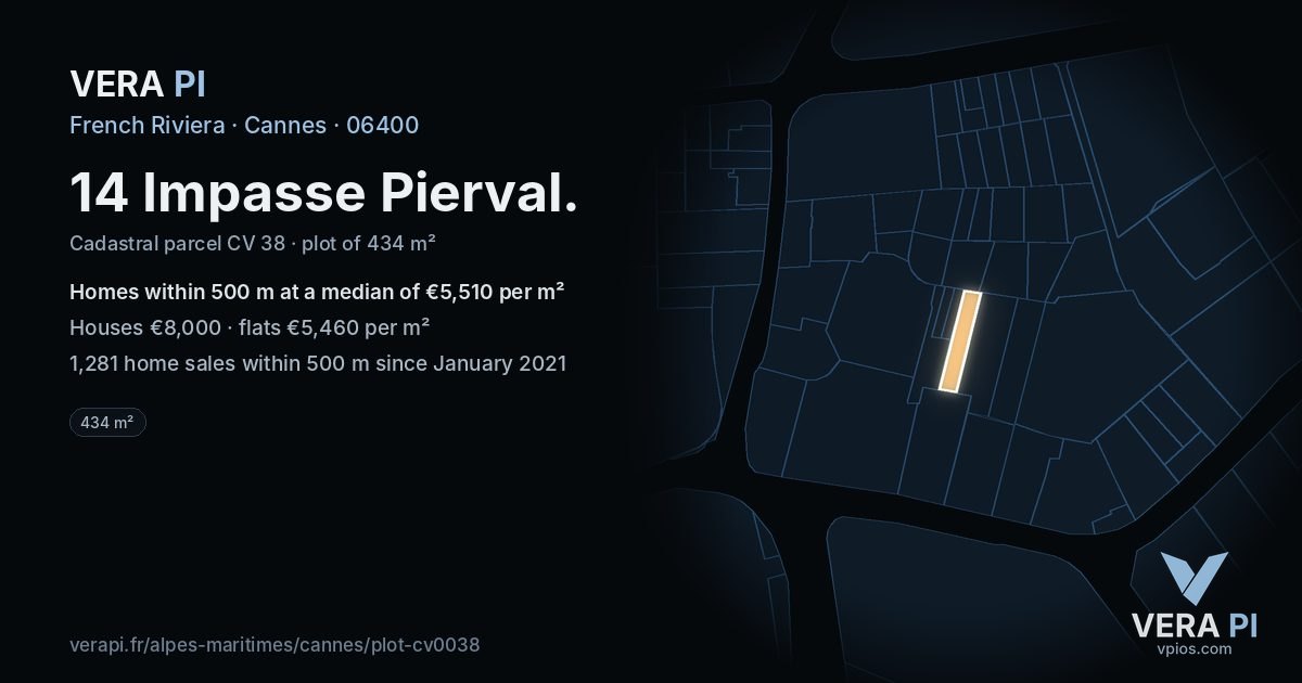 14 Impasse Pierval, Cannes at night – the plot lit, the parcels around coloured by the prices near them