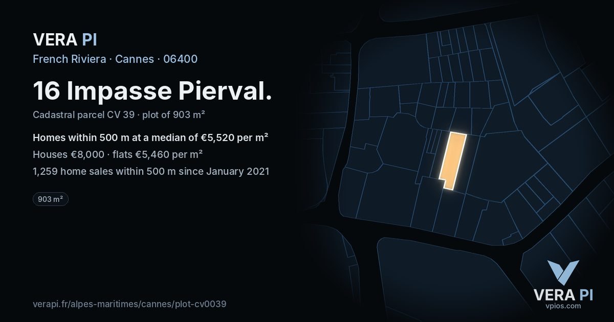 16 Impasse Pierval, Cannes at night – the plot lit, the parcels around coloured by the prices near them