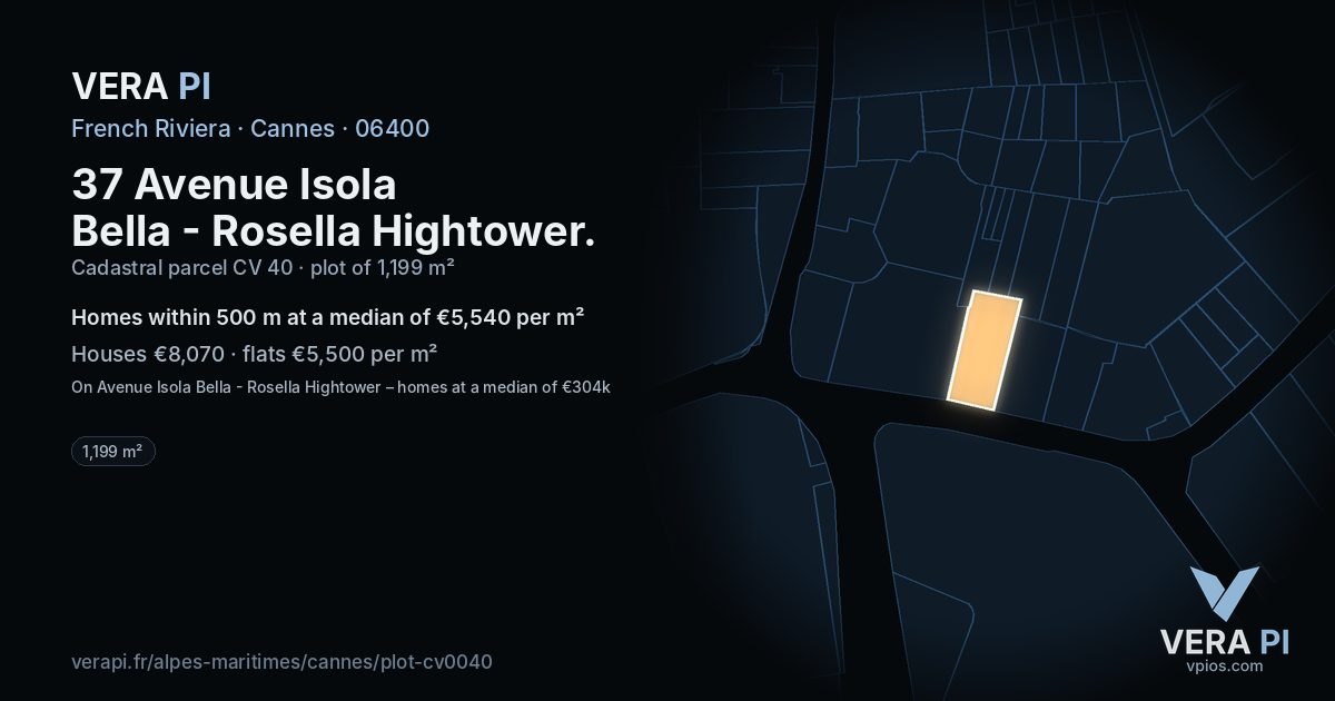 37 Avenue Isola Bella - Rosella Hightower, Cannes at night – the plot lit, the parcels around coloured by the prices near them