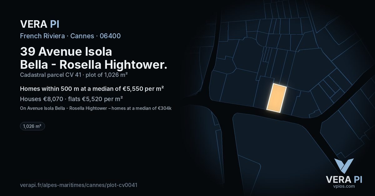 39 Avenue Isola Bella - Rosella Hightower, Cannes at night – the plot lit, the parcels around coloured by the prices near them