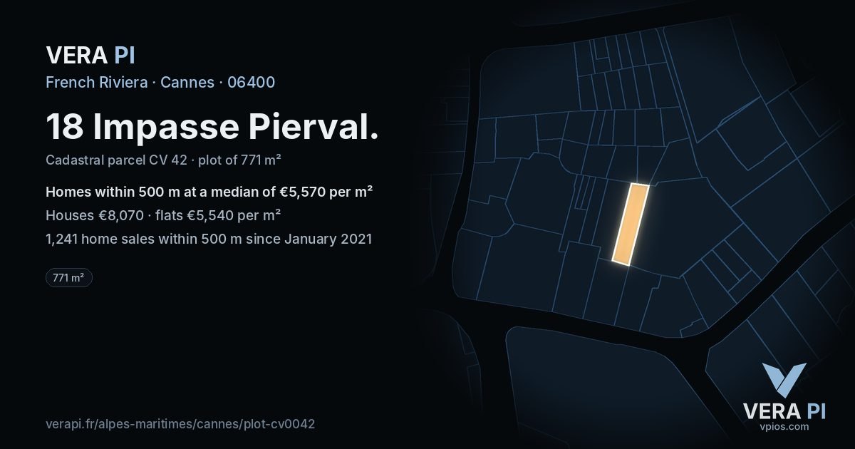 18 Impasse Pierval, Cannes at night – the plot lit, the parcels around coloured by the prices near them