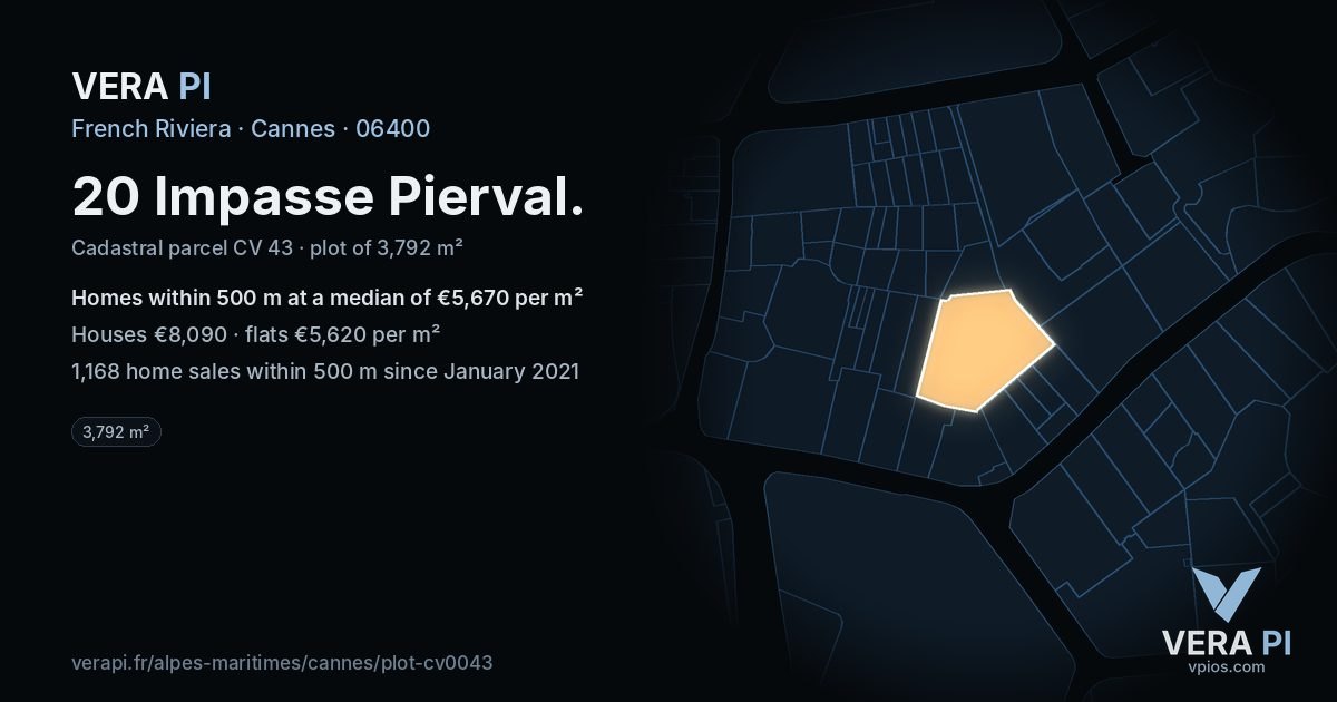 20 Impasse Pierval, Cannes at night – the plot lit, the parcels around coloured by the prices near them