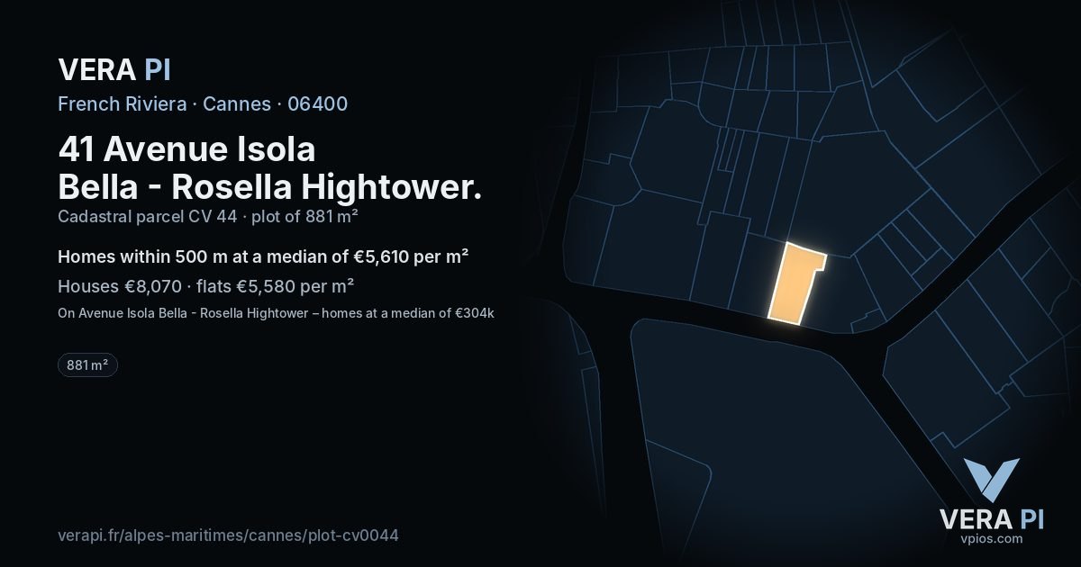 41 Avenue Isola Bella - Rosella Hightower, Cannes at night – the plot lit, the parcels around coloured by the prices near them