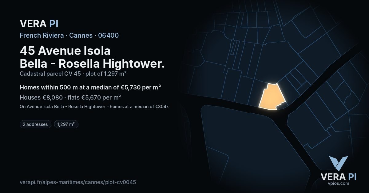 45 Avenue Isola Bella - Rosella Hightower, Cannes at night – the plot lit, the parcels around coloured by the prices near them