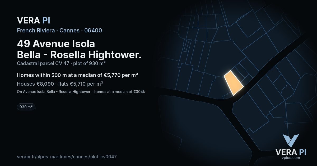 49 Avenue Isola Bella - Rosella Hightower, Cannes at night – the plot lit, the parcels around coloured by the prices near them