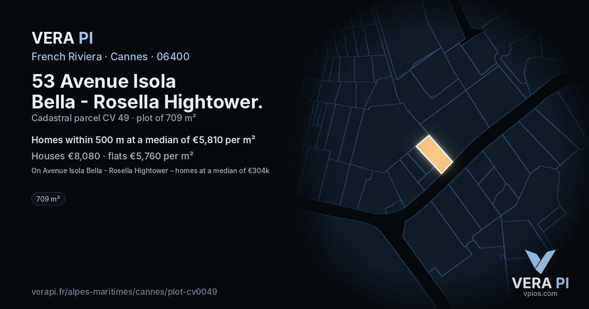 53 Avenue Isola Bella - Rosella Hightower, Cannes at night – the plot lit, the parcels around coloured by the prices near them