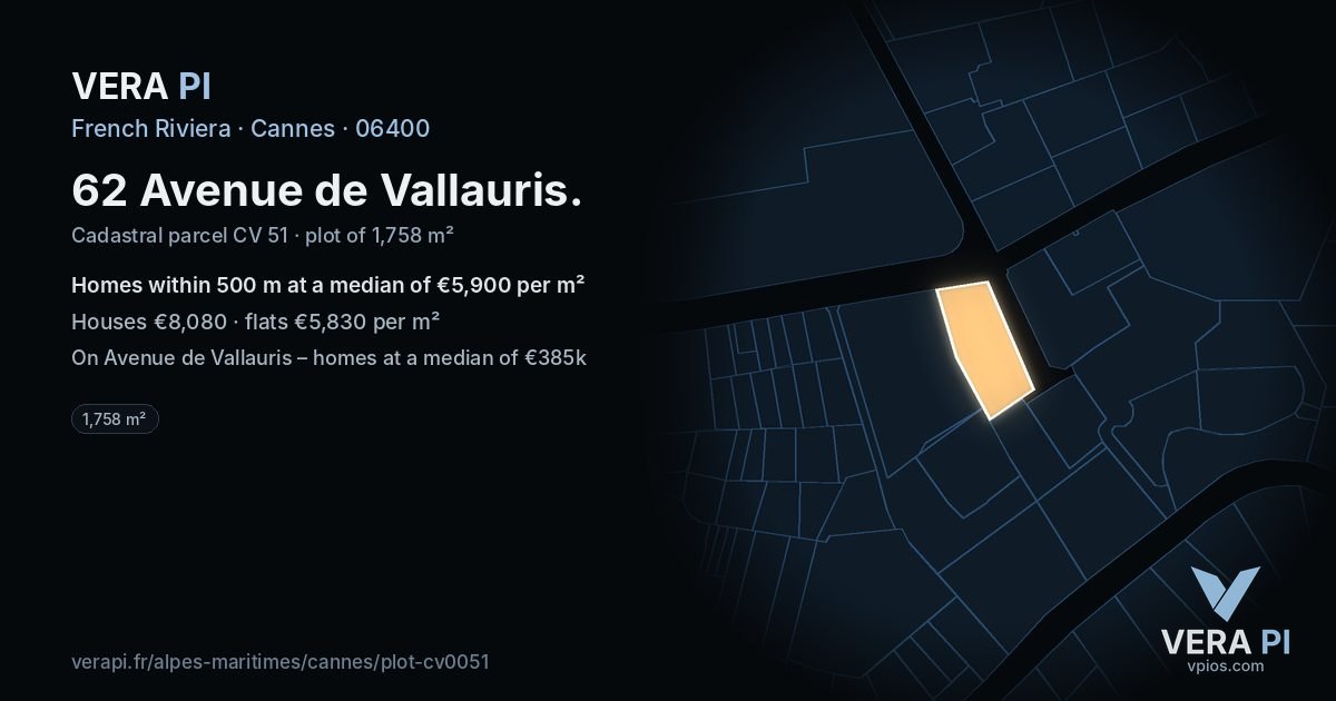 62 Avenue de Vallauris, Cannes at night – the plot lit, the parcels around coloured by the prices near them