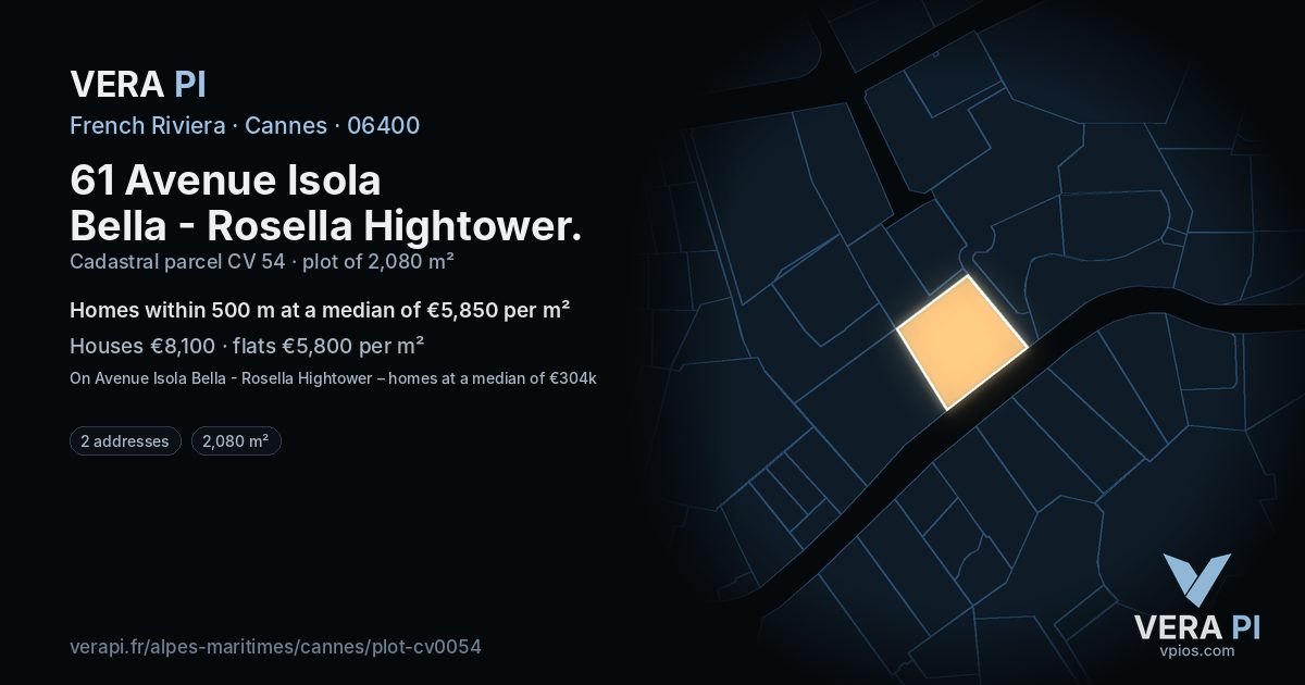 61 Avenue Isola Bella - Rosella Hightower, Cannes at night – the plot lit, the parcels around coloured by the prices near them
