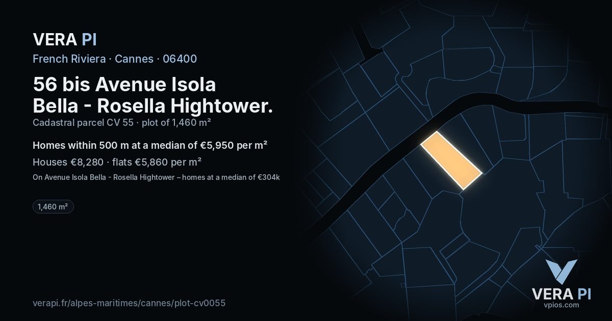 56 bis Avenue Isola Bella - Rosella Hightower, Cannes at night – the plot lit, the parcels around coloured by the prices near them