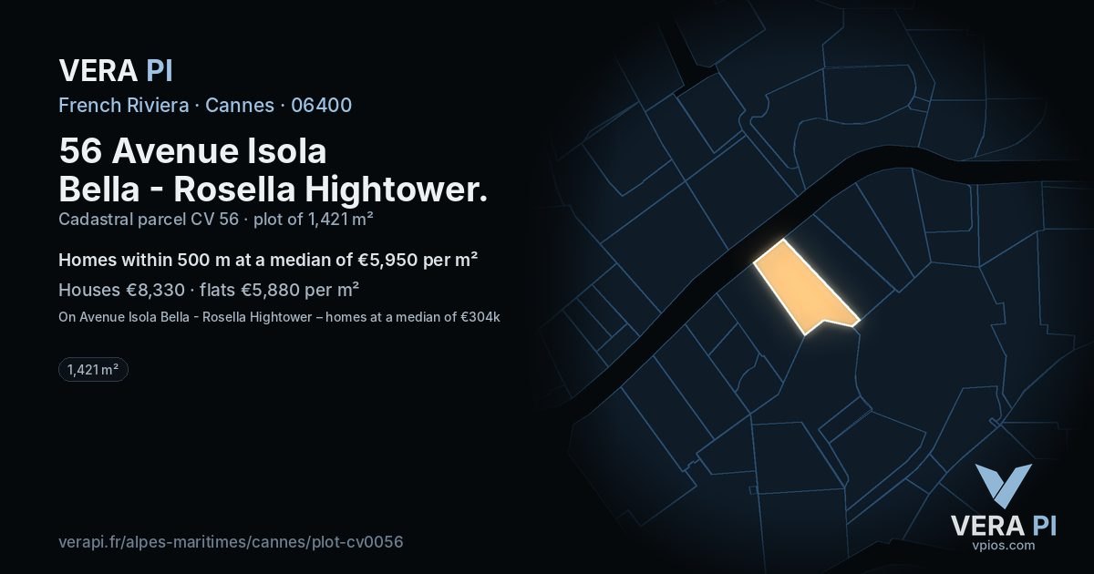 56 Avenue Isola Bella - Rosella Hightower, Cannes at night – the plot lit, the parcels around coloured by the prices near them