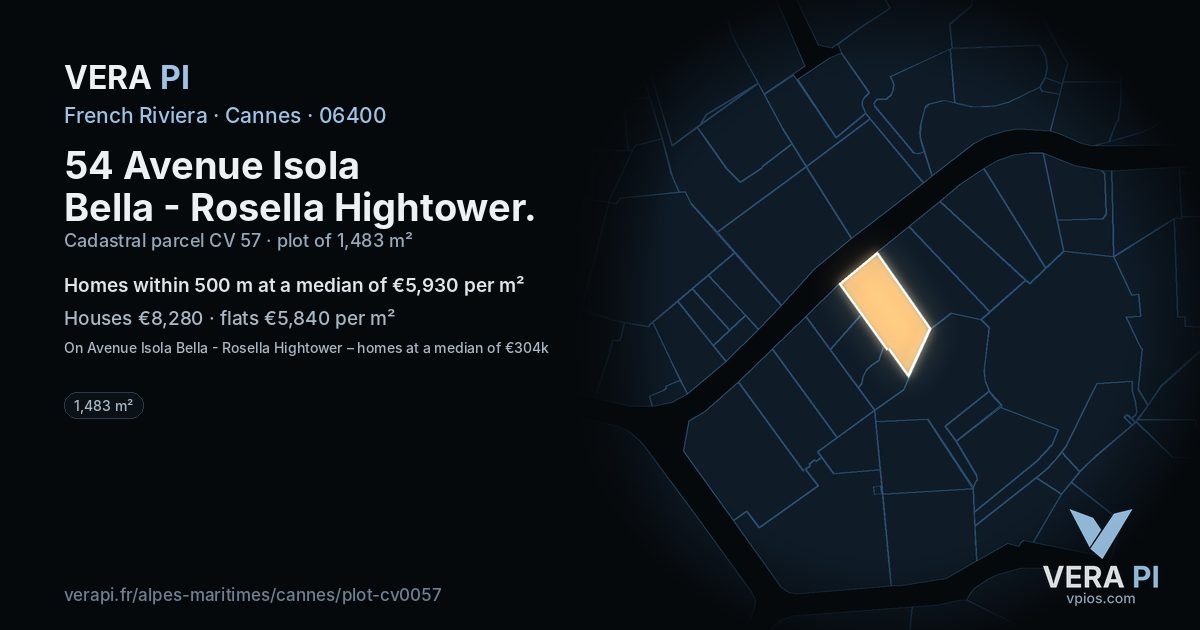 54 Avenue Isola Bella - Rosella Hightower, Cannes at night – the plot lit, the parcels around coloured by the prices near them