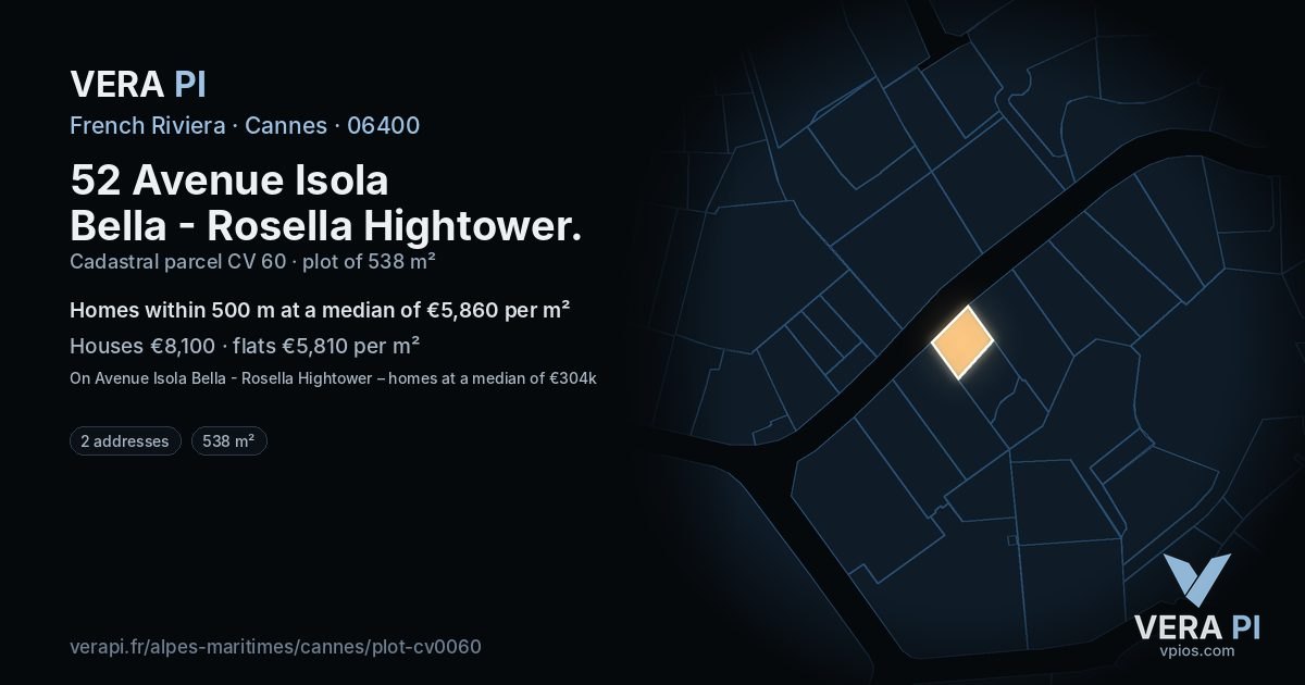 52 Avenue Isola Bella - Rosella Hightower, Cannes at night – the plot lit, the parcels around coloured by the prices near them