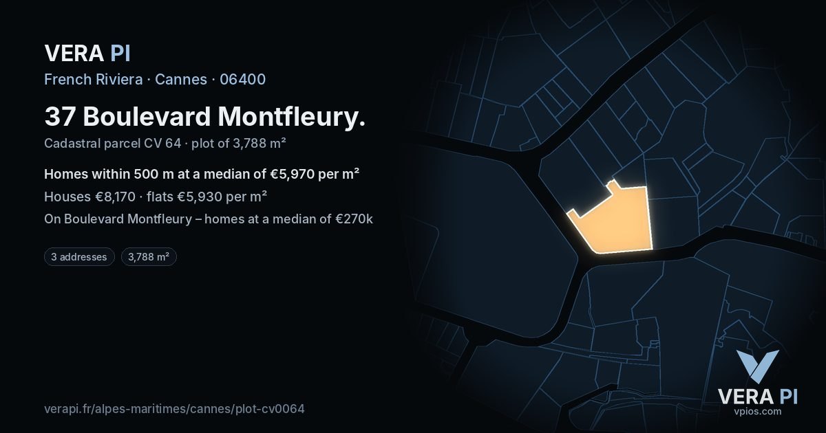 37 Boulevard Montfleury, Cannes at night – the plot lit, the parcels around coloured by the prices near them
