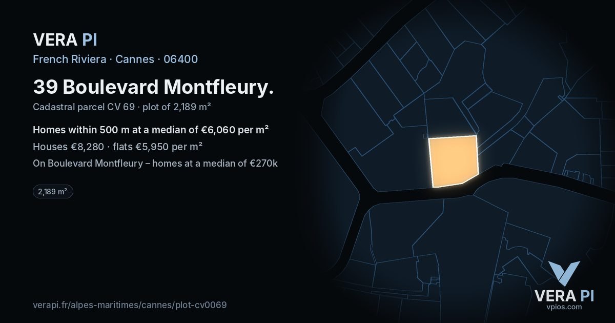 39 Boulevard Montfleury, Cannes at night – the plot lit, the parcels around coloured by the prices near them