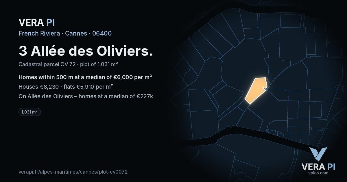 3 Allée des Oliviers, Cannes at night – the plot lit, the parcels around coloured by the prices near them
