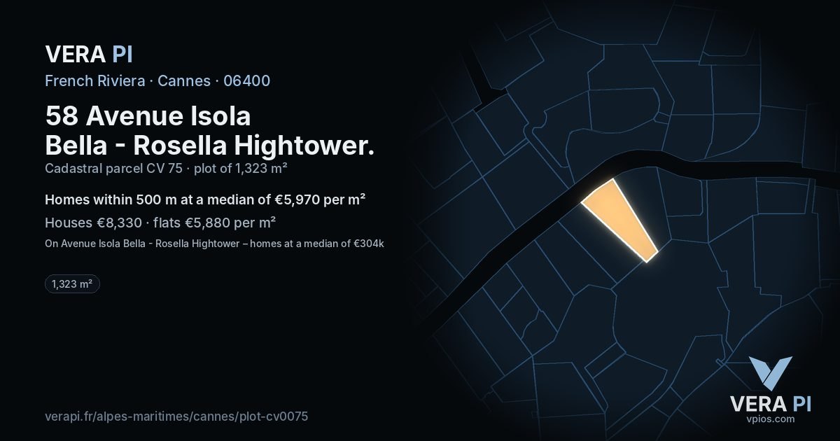58 Avenue Isola Bella - Rosella Hightower, Cannes at night – the plot lit, the parcels around coloured by the prices near them