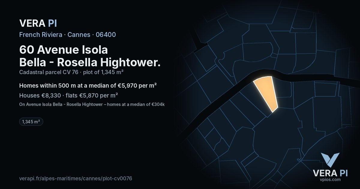 60 Avenue Isola Bella - Rosella Hightower, Cannes at night – the plot lit, the parcels around coloured by the prices near them